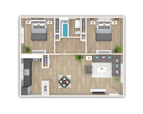 Floor plan for 2 beds, 1 bath, 950 sqft